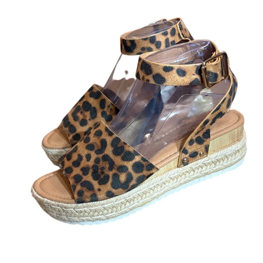 Leopard Print Platform Espadrille Wedge Sandals Adjustable Ankle Strap Size 8M